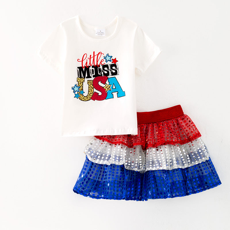 (In Stock)Girls Patriotic Print Sequin Skirt Set