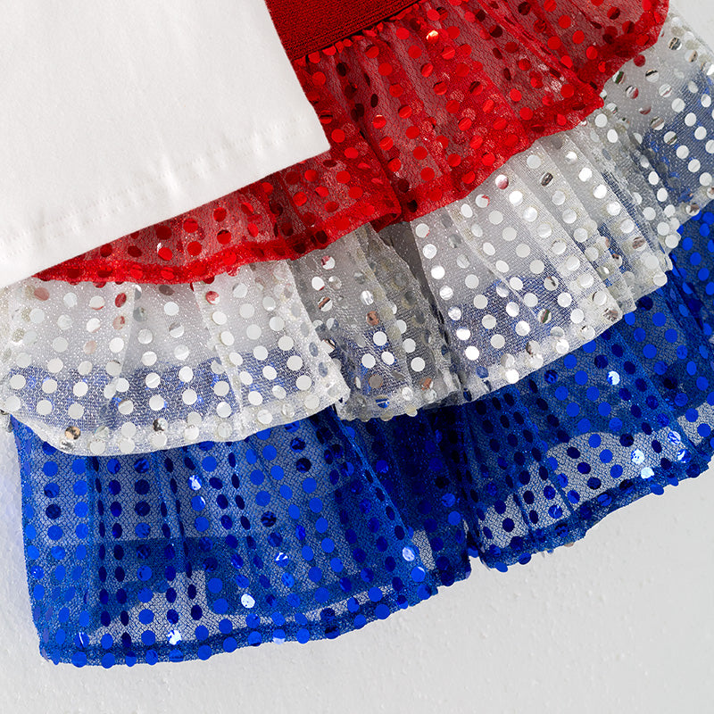 (In Stock)Girls Patriotic Print Sequin Skirt Set