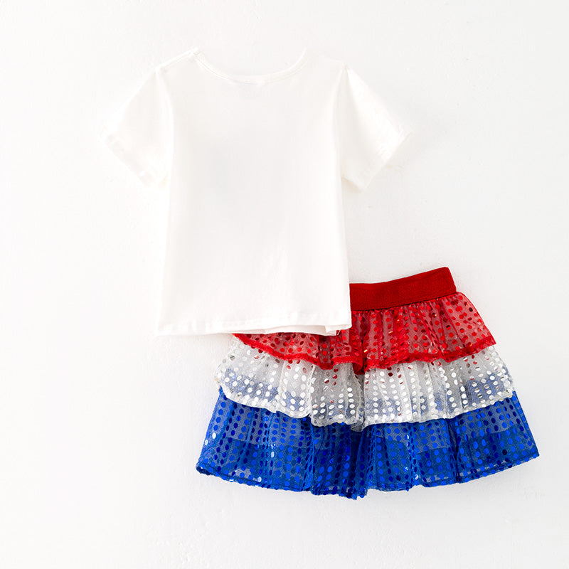 (In Stock)Girls Patriotic Print Sequin Skirt Set