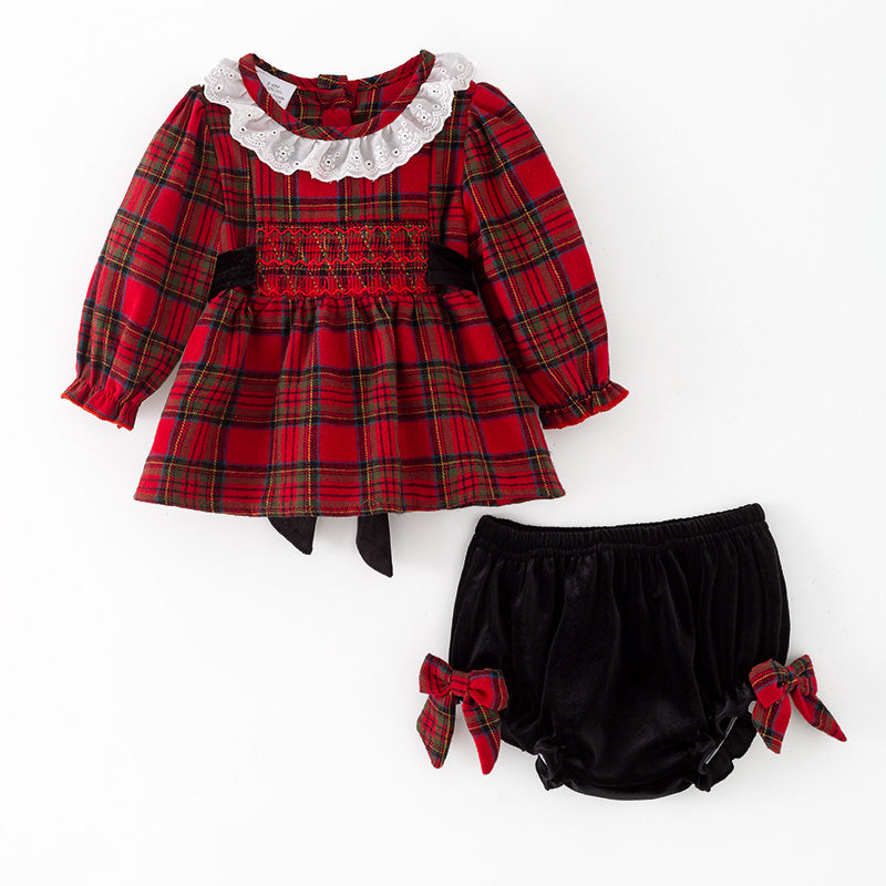 (In Stock)Toddler Girls Christmas Red Plaid Cotton Smocked Bloomer Set