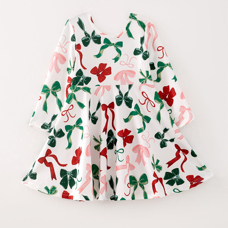 (Pre Order)Girls Christmas Bow Print Dress