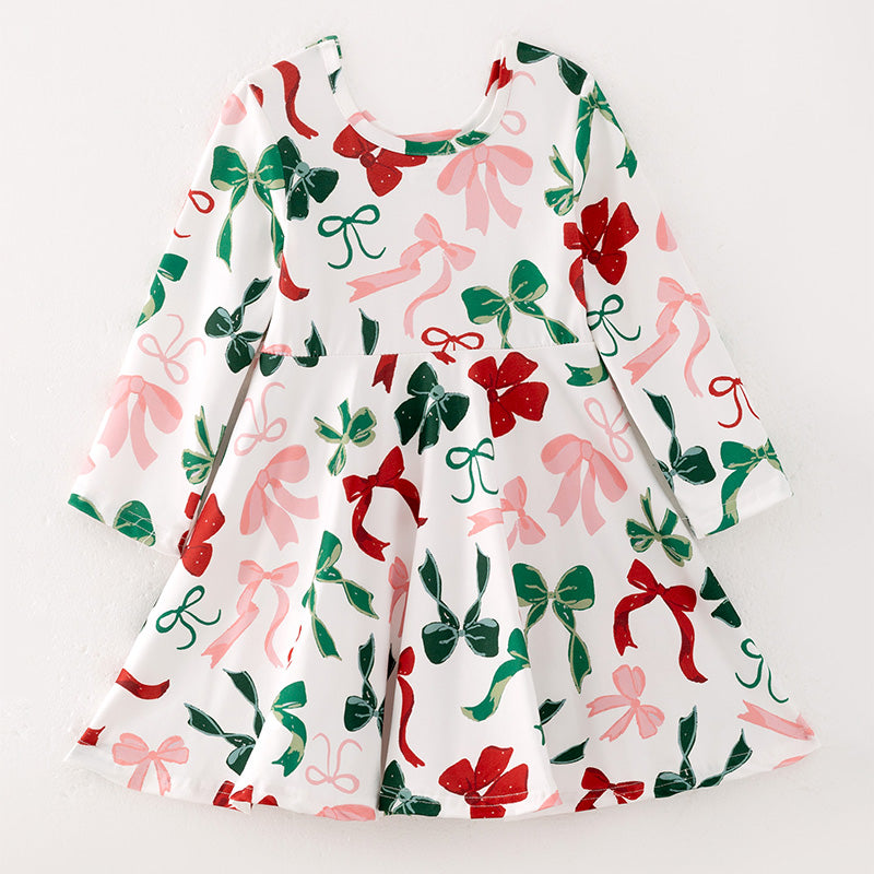 (Pre Order)Girls Christmas Bow Print Dress