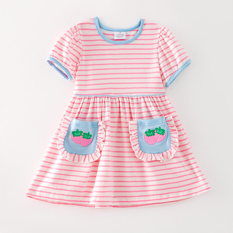 (In Stock)Girls Spring and Summer Strawberry Applique Cotton Dress