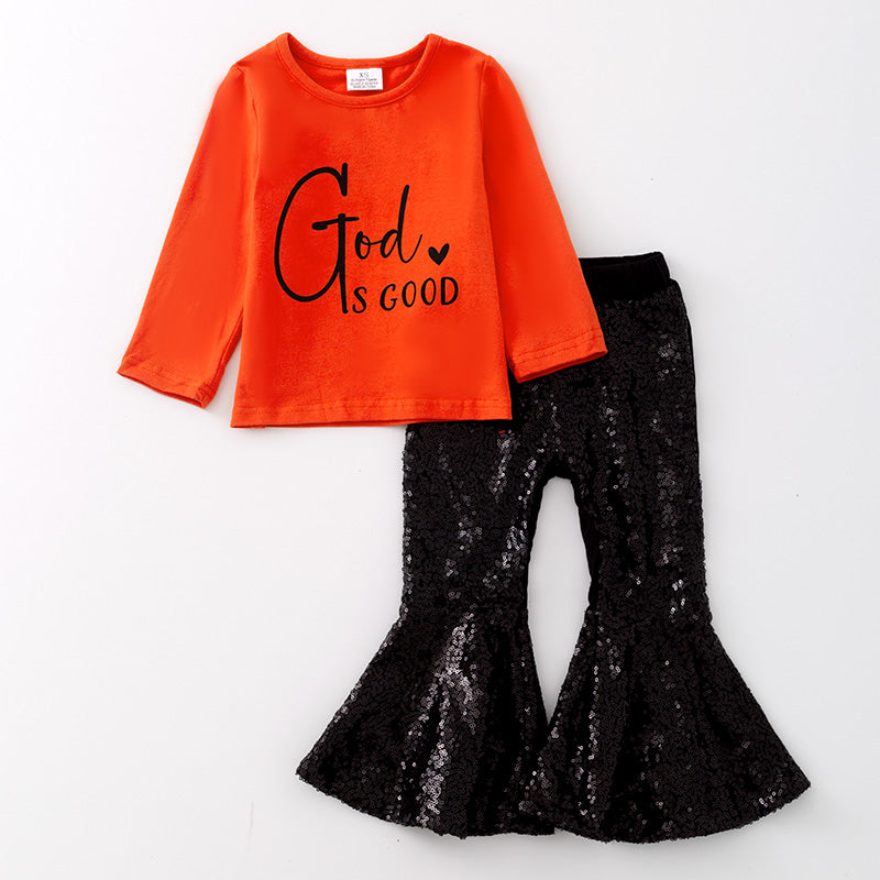 (In Stock L31-4-1)Girls Fall "God Is Good" Cotton Top Velvet Pants Set