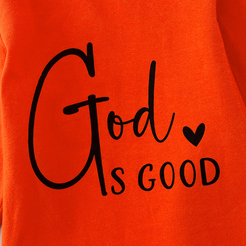 (In Stock L31-4-1)Girls Fall "God Is Good" Cotton Top Velvet Pants Set