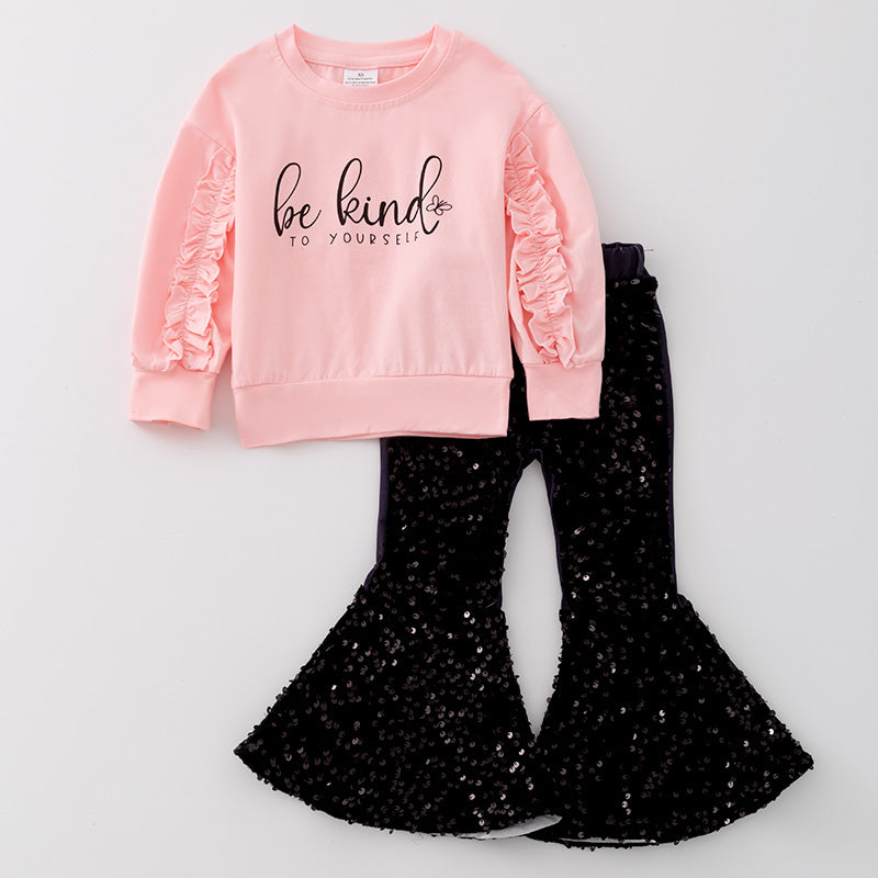 (In Stock L31-4-1)Girls Fall "Be Kind To Yourself" Cotton Top Velvet Pants Set