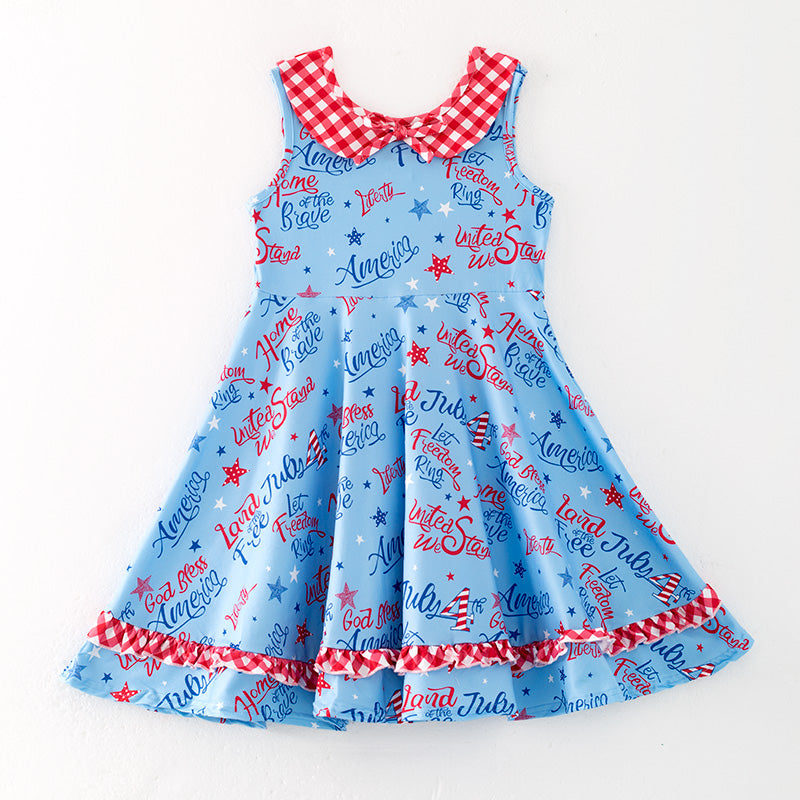 (In Stock)Girls Patriotic Print Knotted Collar Dress