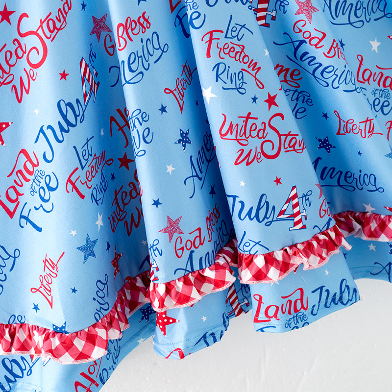 (In Stock)Girls Patriotic Print Knotted Collar Dress