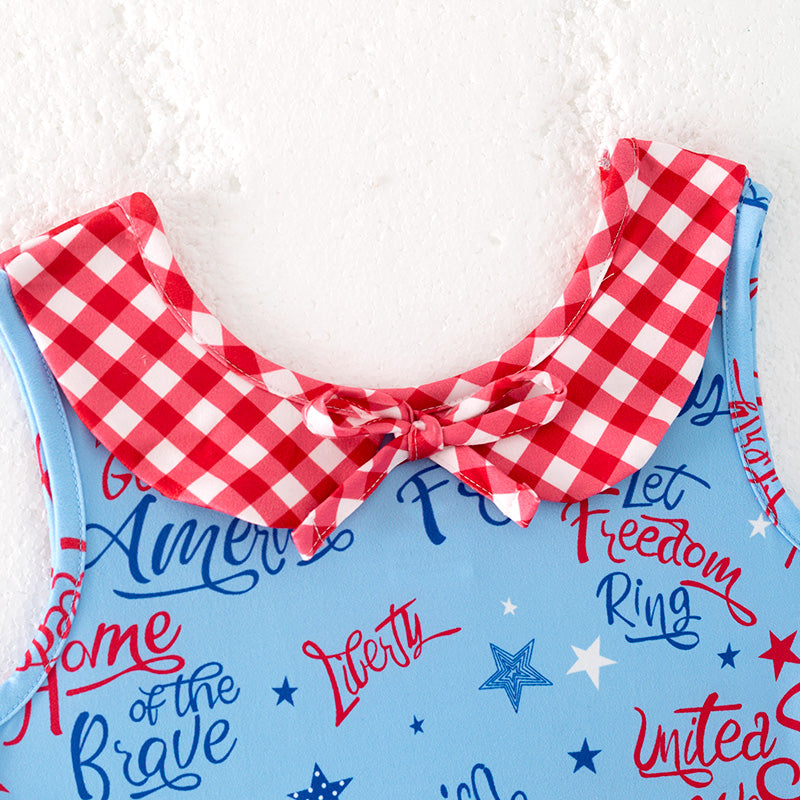 (In Stock)Girls Patriotic Print Knotted Collar Dress