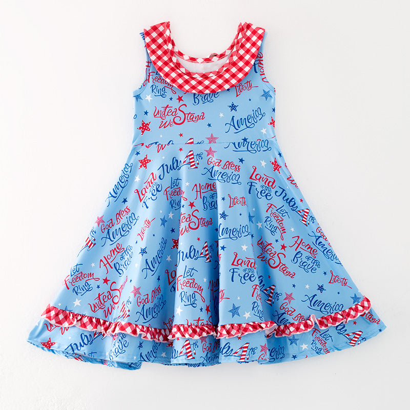 (In Stock)Girls Patriotic Print Knotted Collar Dress