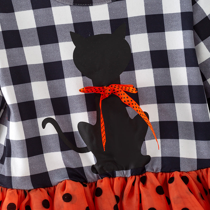 (In Stock)Girls Halloween Kitty Print Tulle Dress