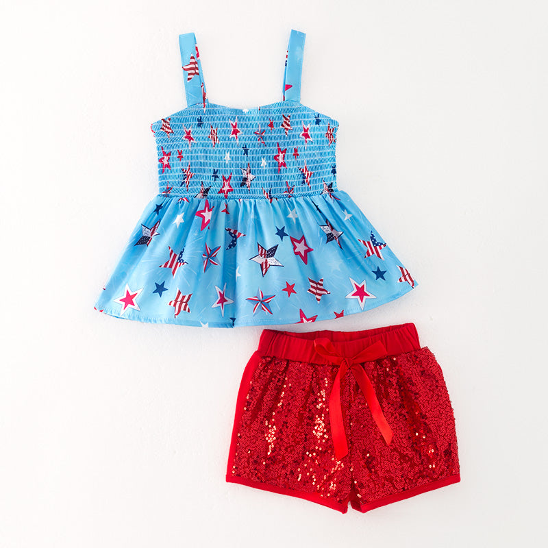 (In Stock)Girls Patriotic Print Smocked Top Sequin Shorts Set