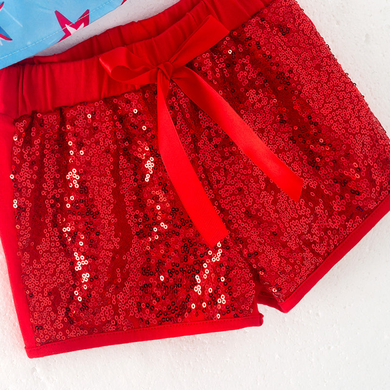 (In Stock)Girls Patriotic Print Smocked Top Sequin Shorts Set