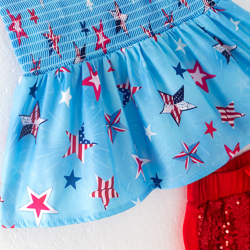 (In Stock)Girls Patriotic Print Smocked Top Sequin Shorts Set
