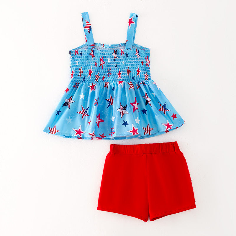 (In Stock)Girls Patriotic Print Smocked Top Sequin Shorts Set