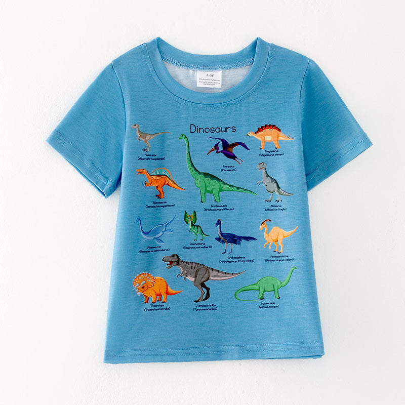 (In Stock)Boys Spring and Summer Dinosaur Print Blue Top