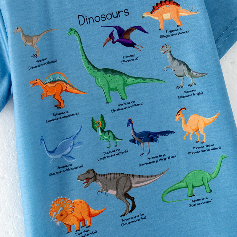 (In Stock)Boys Spring and Summer Dinosaur Print Blue Top
