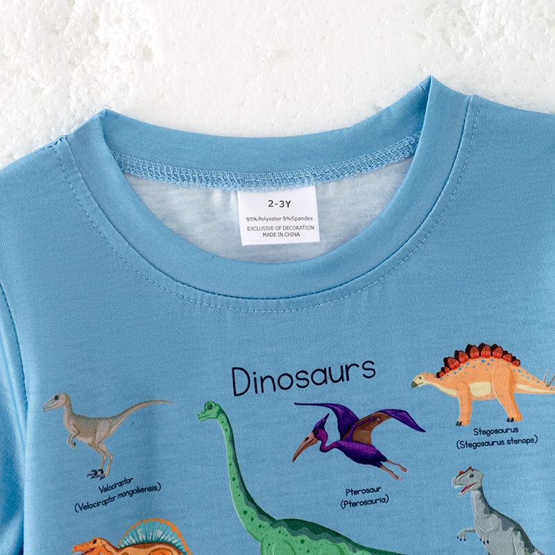 (In Stock)Boys Spring and Summer Dinosaur Print Blue Top