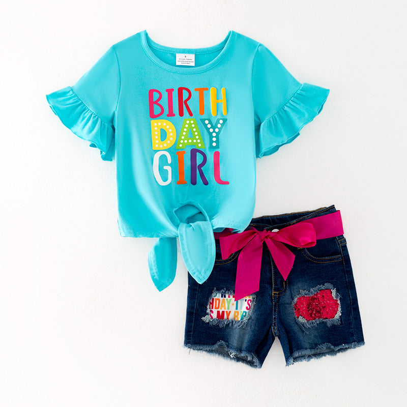 (In Stock)Girls Spring and Summer Birthday Print Denim Set