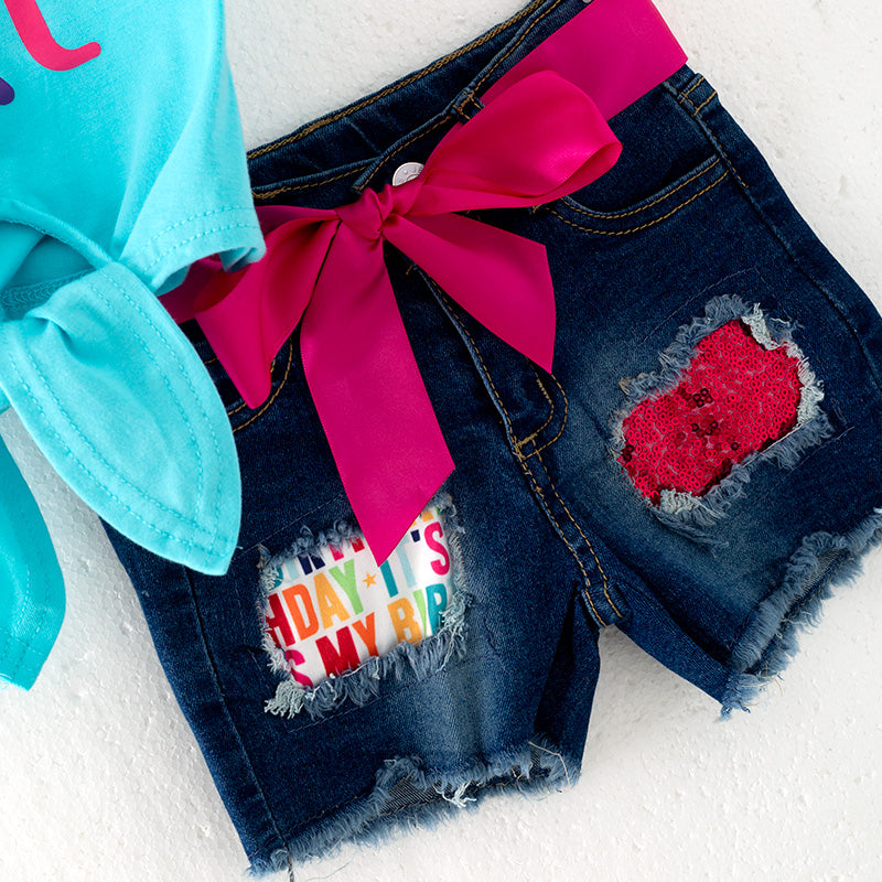 (In Stock)Girls Spring and Summer Birthday Print Denim Set