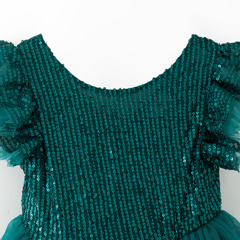 (In Stock)Girls Fall&Winter Dark Green Sequin Tulle Dress