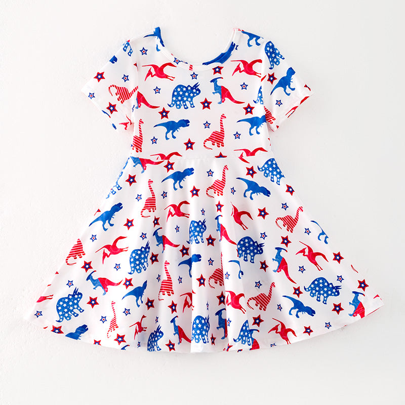 (In Stock)Girls Patriotic Dinosaur Print Dress