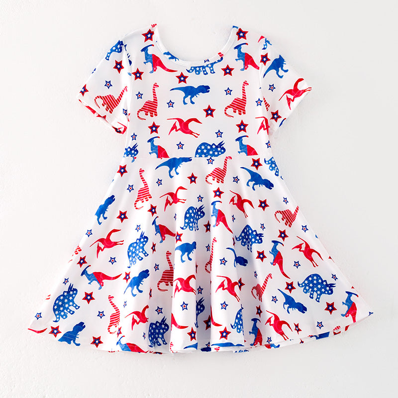 (In Stock)Girls Patriotic Dinosaur Print Dress