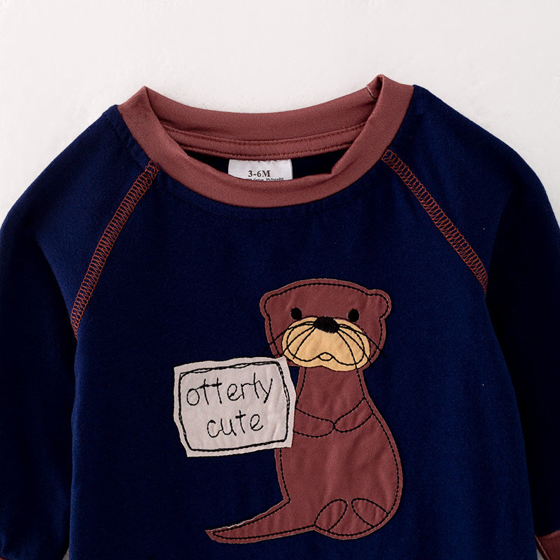 (In Stock L35-01-01)Baby Boys Fall Otter Applique Romper