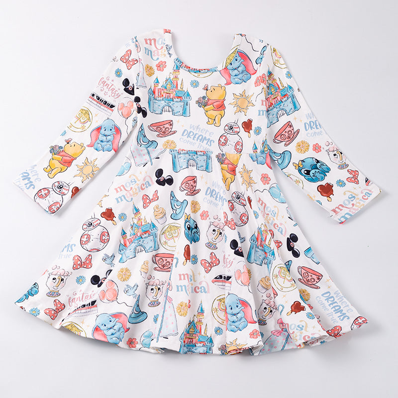 (Pre Order)Girls Fall Cartoon Print Milk Silk Dress