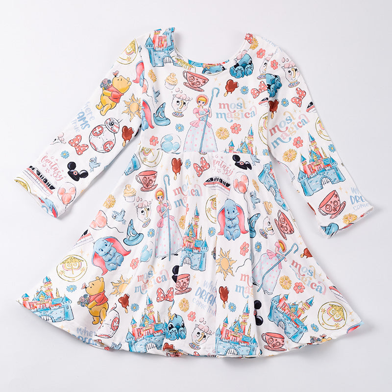(Pre Order)Girls Fall Cartoon Print Milk Silk Dress