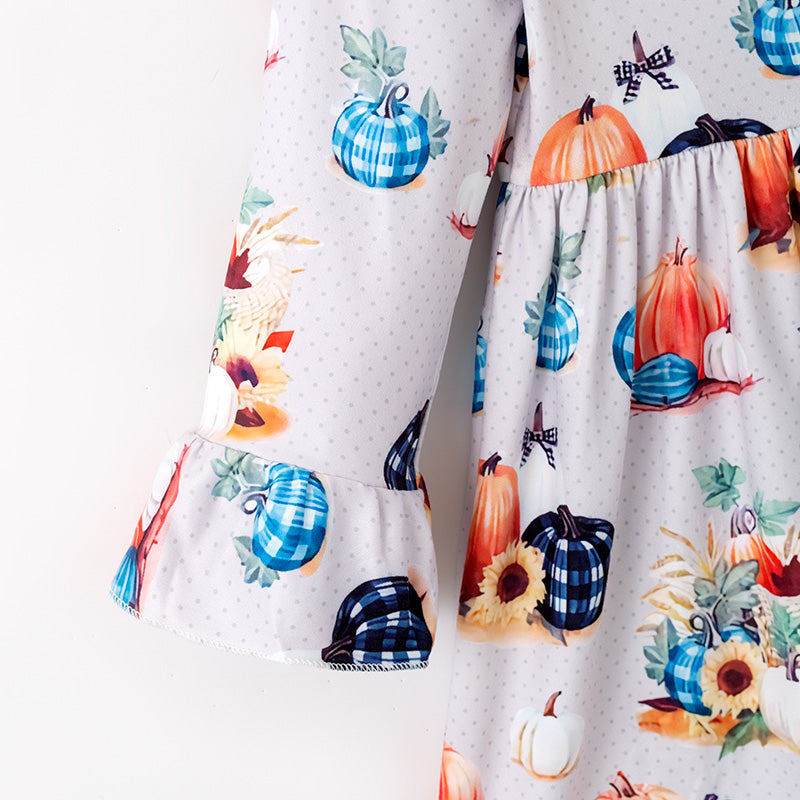 (In Stock)Girls Fall Pumpkin Print Milk Silk Dress