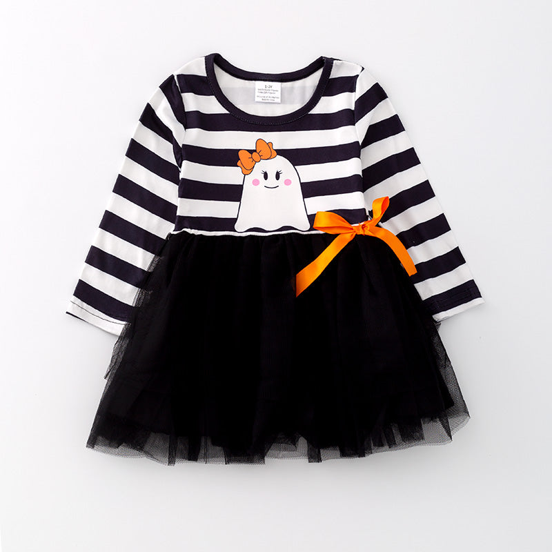 (In Stock E02-05-02)Girls Halloween Stripe Ghost Print Tulle Dress
