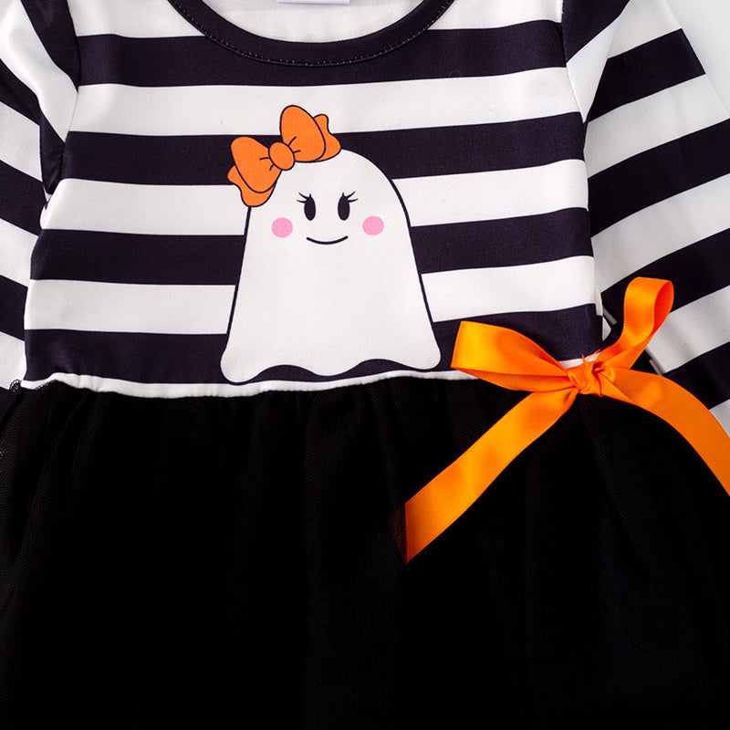 (In Stock E02-05-02)Girls Halloween Stripe Ghost Print Tulle Dress