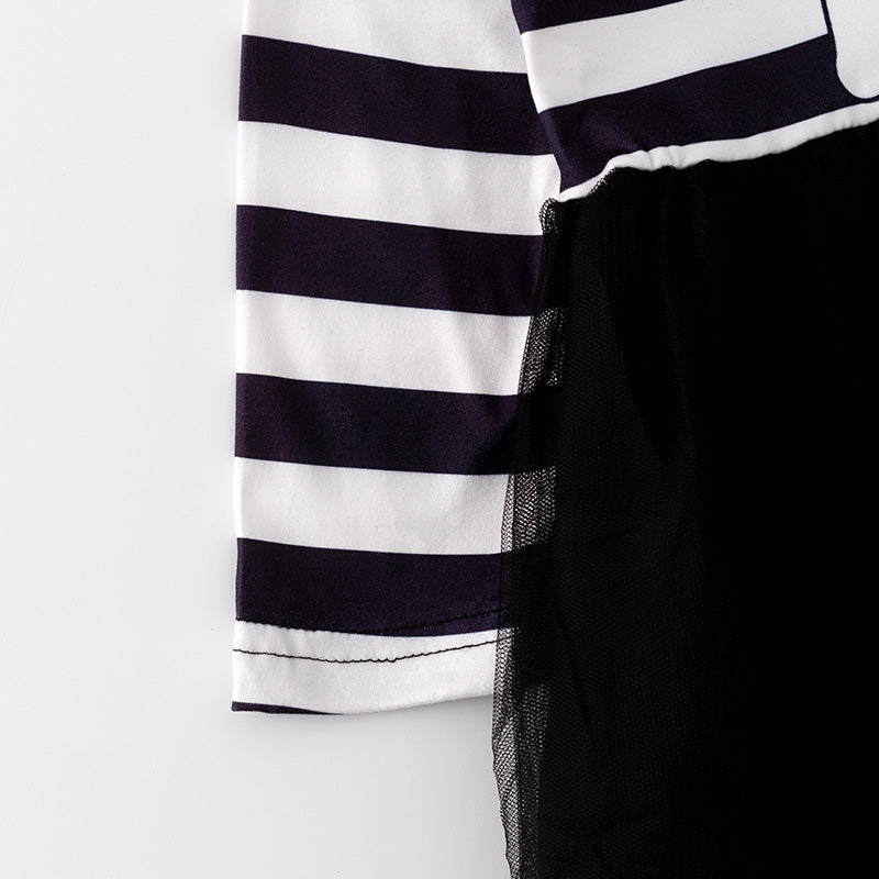 (In Stock E02-05-02)Girls Halloween Stripe Ghost Print Tulle Dress