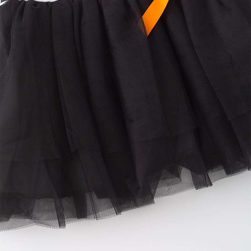 (In Stock E02-05-02)Girls Halloween Stripe Ghost Print Tulle Dress