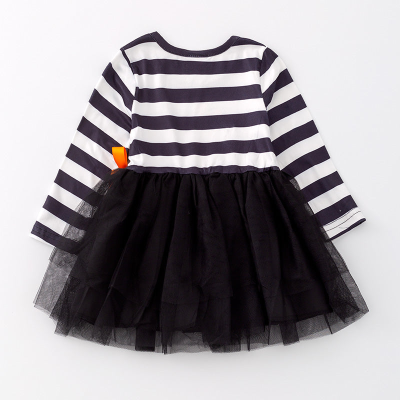 (In Stock E02-05-02)Girls Halloween Stripe Ghost Print Tulle Dress