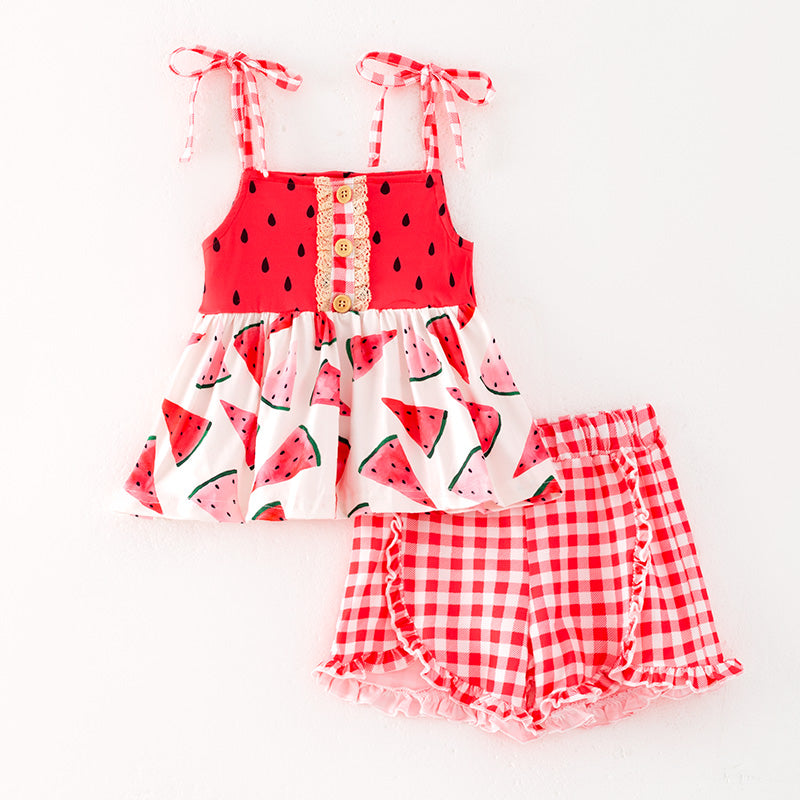 (In Stock)One Pack(11 Pieces total) Sale Girls Spring and Summer Watermelon Print Shorts Set