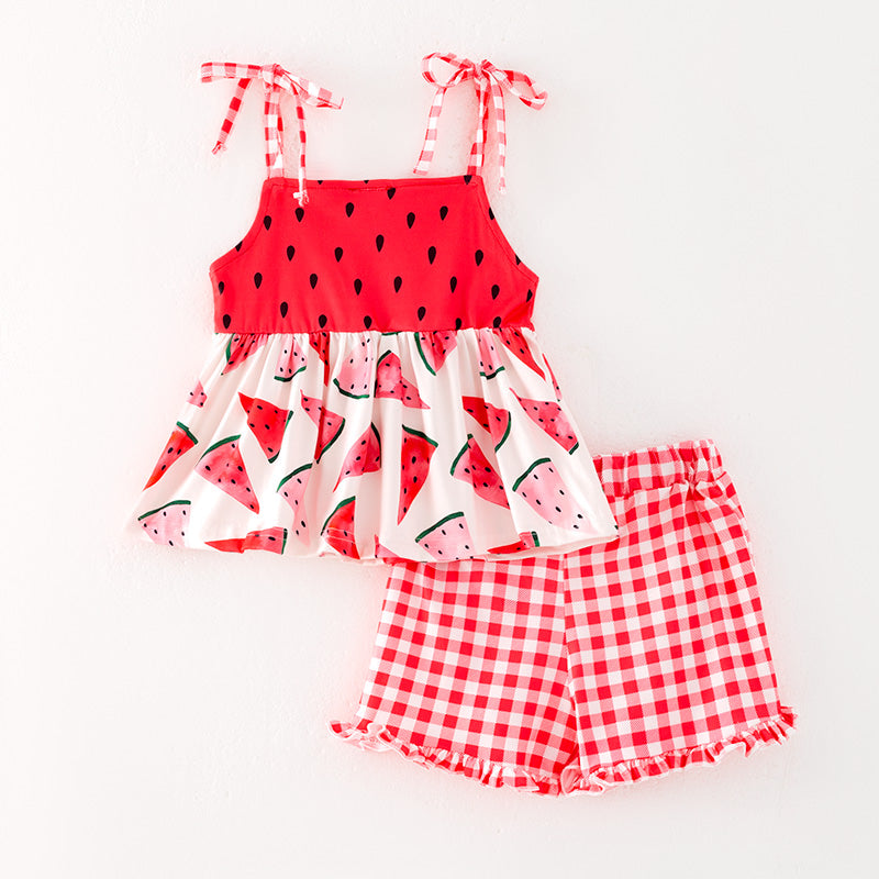(In Stock)One Pack(11 Pieces total) Sale Girls Spring and Summer Watermelon Print Shorts Set