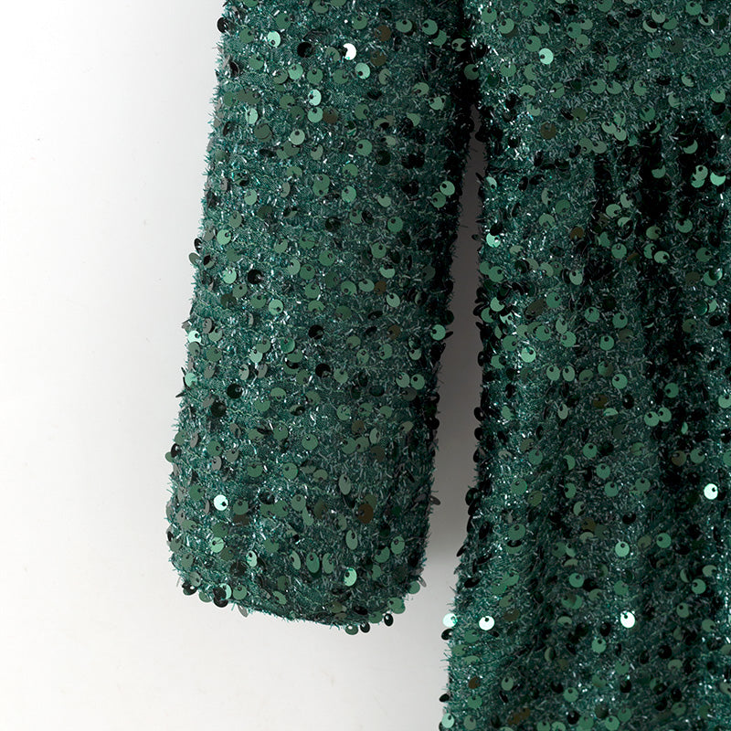 (In Stock)Girls Fall&Winter Dark Green Sequin Dress