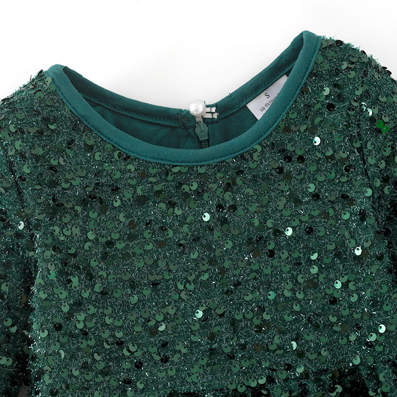 (In Stock)Girls Fall&Winter Dark Green Sequin Dress