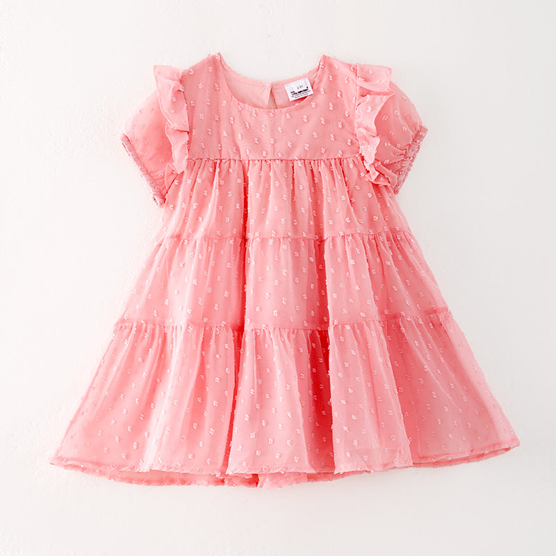 (In Stock)Girls Spring and Summer Pink Swiss Dot Dress