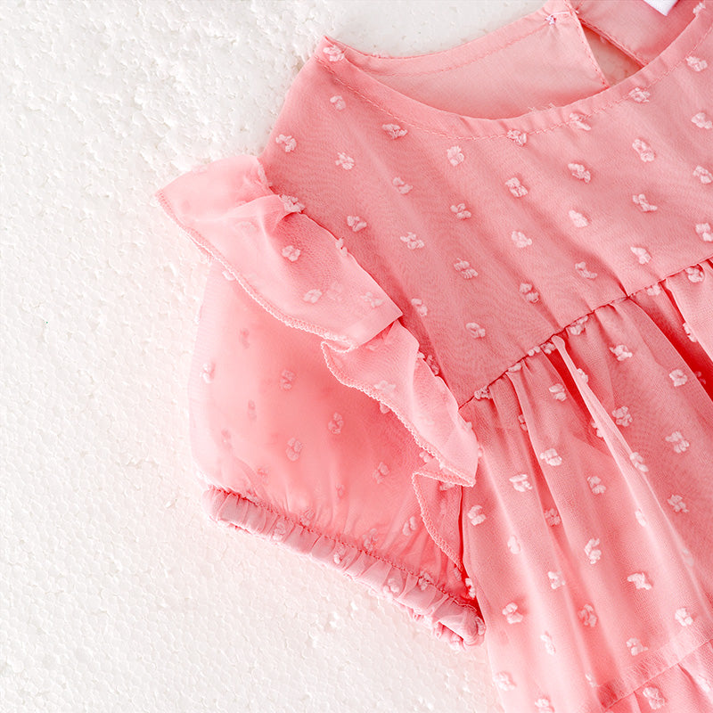 (In Stock)Girls Spring and Summer Pink Swiss Dot Dress
