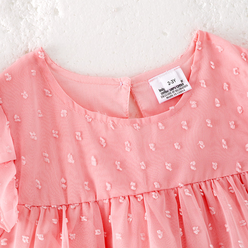 (In Stock)Girls Spring and Summer Pink Swiss Dot Dress
