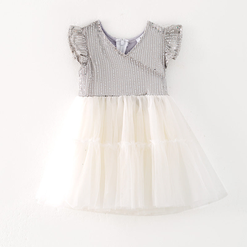 (In Stock)Girls Spring and Summer Silver Sequin Tulle Dress