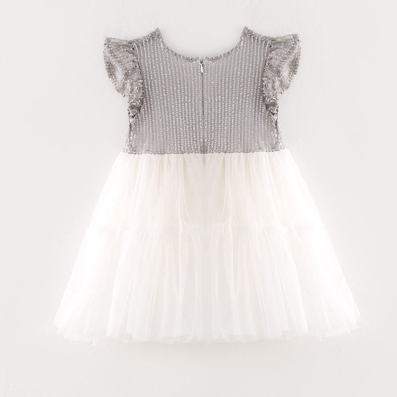 (In Stock)Girls Spring and Summer Silver Sequin Tulle Dress