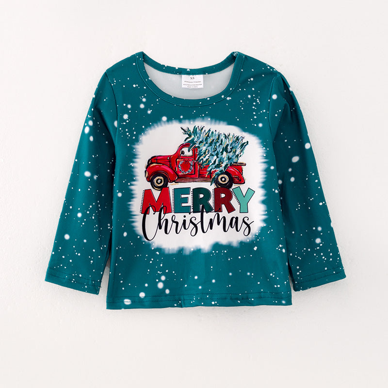 (In Stock L08-05-02)Girls Christmas Print Green Top
