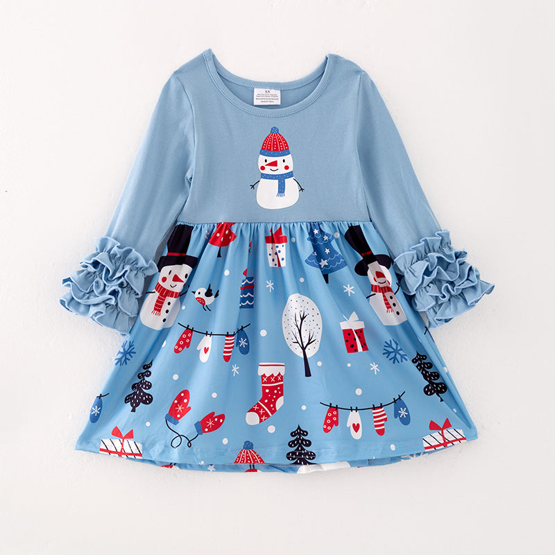 (In Stock L08-05-02)Girls Christmas Snowman Print Dress