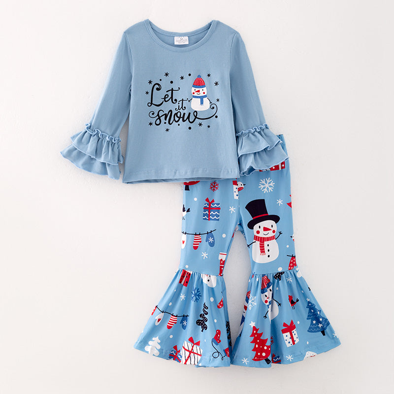 (In Stock L08-04-01)Girls Christmas Snowman Print Outfit Set
