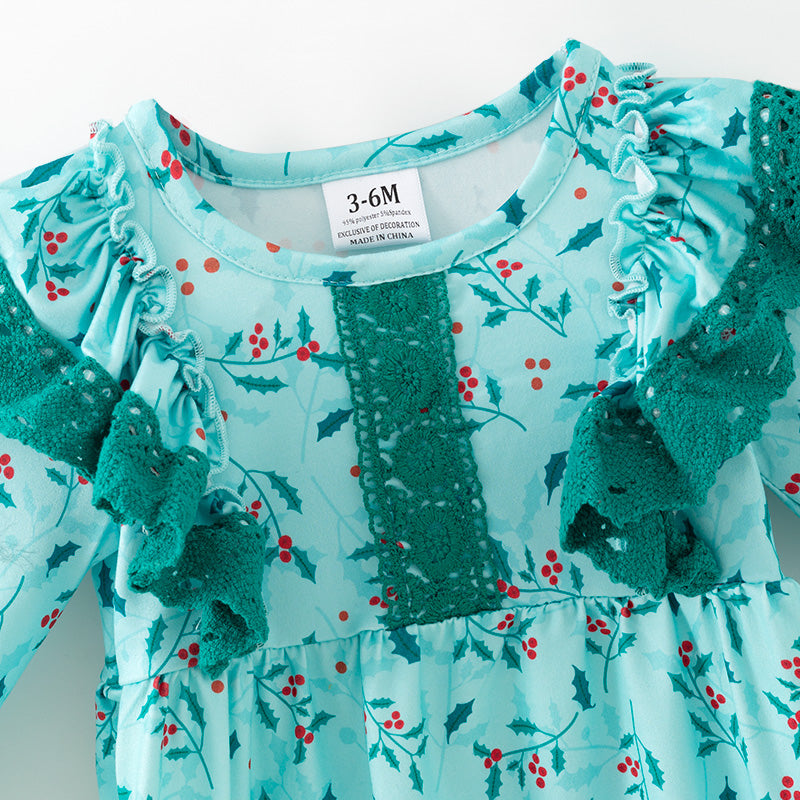 (In Stock)Toddler Girls Christmas Print Lace Ruffle Romper