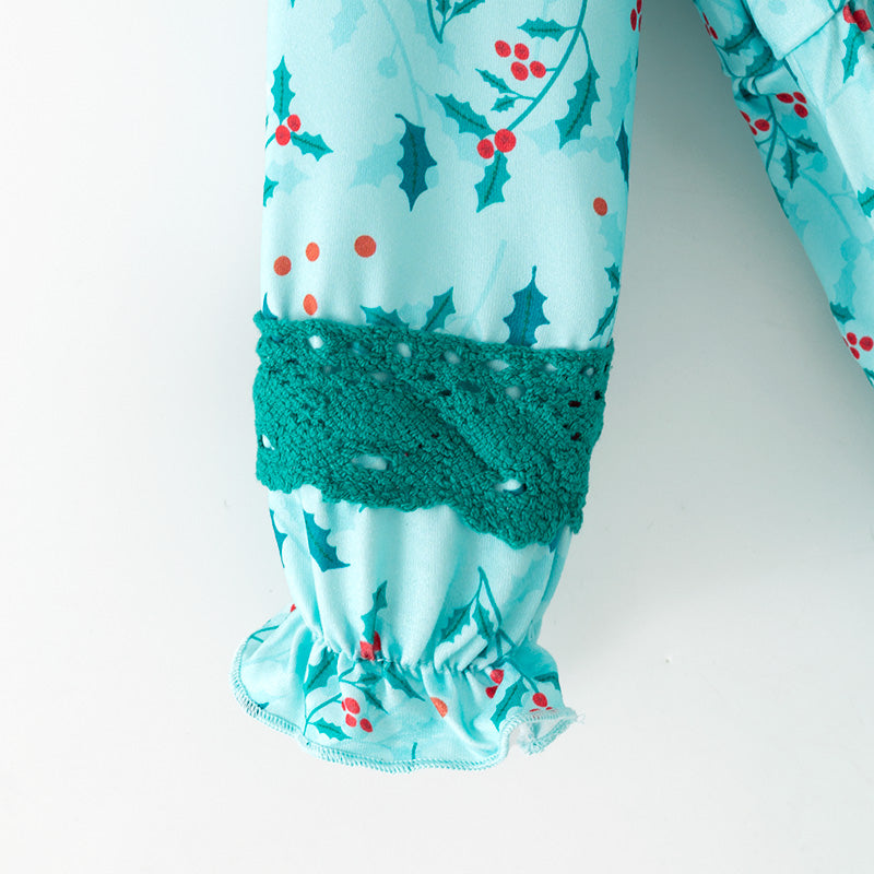 (In Stock)Toddler Girls Christmas Print Lace Ruffle Romper